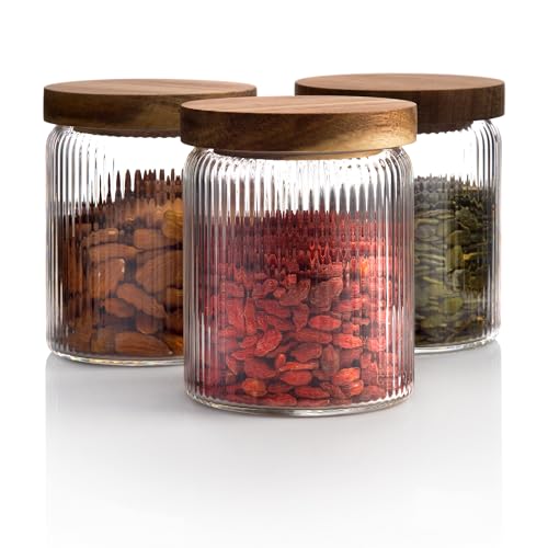 Mason & Fable Ribbed Glass Jar with Wooden Lid 17oz, Set of 3 | Airtight Fluted Storage Canisters for Food, Tea, Coffee, Candy/Spice | Organization Canisters for Home & Kitchen - color: 17 fl.oz-3X