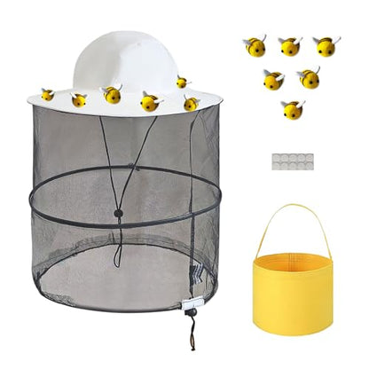 18Pcs Beekeeper Set Including 1Pc Bee Hat and Veil, 6Pcs Wool Felt Bee,10Pcs Double Side Tape and Yellow Felt Bucket for Men Women Beekeeping Supplies Halloween Costume