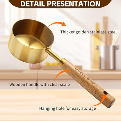 Gold Measuring Cups and Spoons Set,8 Piece Premium Stainless Steel Measuring Cups with Wood Handles,4 Stackable Wooden Measuring Cups and 4 Measuring Spoons Set for Baking Supplies in the Kitchen - color: Gold-8Piece