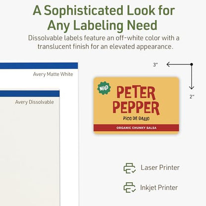 Avery Dissolvable Rectangle Labels, Sure Feed Technology, 2" x 3", Matte White, Print-to-The-Edge, Laser/Inkjet Printable, 200 Labels Total - style: 200 labels