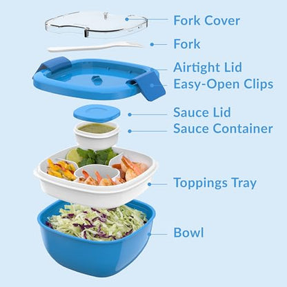 Bentgo Salad Container - 54 oz Bowl with 4-Compartment Toppings Tray, Leak-Proof Dressing Container, Reusable Fork, BPA-Free Lunch Box for Meal Prep & Food Storage; Removable Bento Tray (Blue) - color: Blue