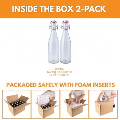 FastRack Swing Top Glass Bottles 16 oz (500ml) – 2 Pack | Clear Flip Top Bottles with Airtight Lids | Reusable Glass Containers for Olive Oil, Vinegar, Kombucha, Beer & Fermentation