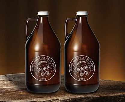 TEEAMORE Amber Growler 64 oz Personalized Beer Growler Amber Glass Growlers Custom Handled Jugs Glass Growlers for Beer - color: Design-02