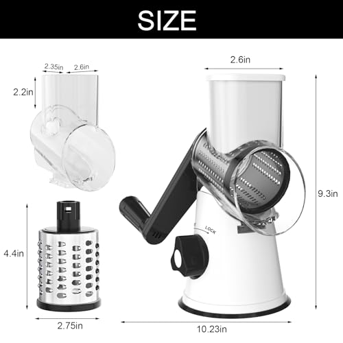 Cambom Rotary Cheese Grater Hand Crank Cheese Shredder for Fresh Cheese, Vegetable, Nuts,Non-slip Suction Base, Three Blades, Black White - color: White Black, size: 3 BLADES