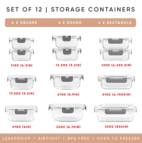 JoyJolt 24pc Borosilicate Glass Storage Containers with Lids | 12 Airtight/Freezer Safe Food Storage Containers for Pantry and Kitchen | Meal Prep Container for Lunch | Glass Tupperware Set