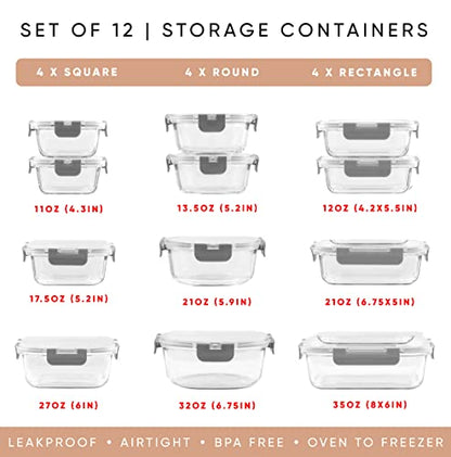 JoyJolt 24pc Borosilicate Glass Storage Containers with Lids | 12 Airtight/Freezer Safe Food Storage Containers for Pantry and Kitchen | Meal Prep Container for Lunch | Glass Tupperware Set