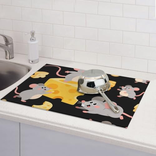 Cute Mouse Cheese Dish Drying Mat For Kitchen Counter Absorbent Reversible Drying Mats Microfiber Kitchen Countertop Protector Dishes Drying Pad Extra Large 18"X24" Dish Mat