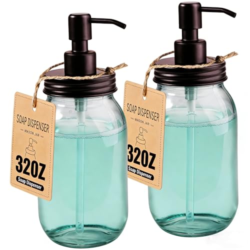 Amolliar Quart Size Mason Jar Liquid Soap Dispenser, 32OZ Glass Pump Bottle Rustproof Stainless Steel Pump Lid Lotion Dispenser, Regular Mouth Dish Soap Dispenser for Kitchen, Hand Soap, Bronze 2 Pack - color: Bronze, size: 2 Pack