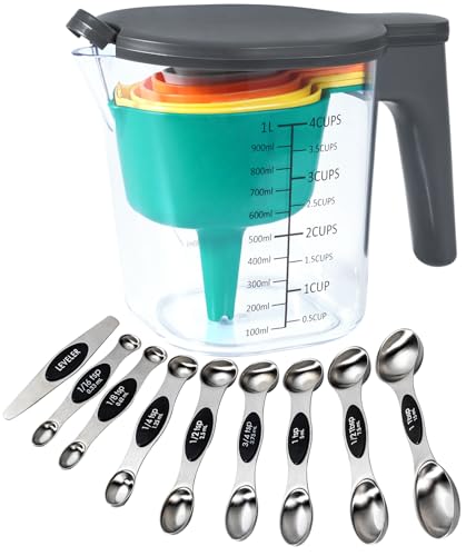 19-Pc Magnetic Measuring Cups and Spoons Set, with Lid, Black | Includes 1 cover, 9 stackable cups set & 9 black magnetic spoons, BPA-free & dishwasher safe, for liquid and dry baking - color: 19 Piece - Multicolor set