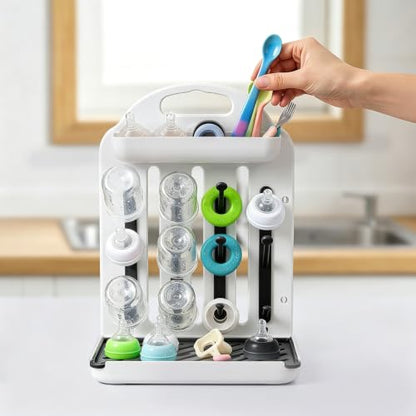 Baby Bottle Drying Rack, Modular Vertical Bottle Drying Rack for Baby Bottles, Pump Parts and Pacifiers, Space Saving Countertop Baby Bottle Organizer with 12 Hooks, Stable Base and Drip Tray (Black)