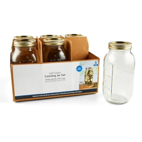 Wide Mouth Half Gallon Mason Jars, 64 oz, Glass, 6-Pack, with Lids and Rings, for Canning and Pantry Storage
