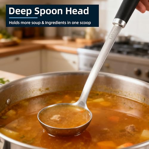 Safring Stainless Steel Soup Ladle and Spaghetti Spoon Set, Heat Resistant Rubber Handle, Dishwasher Safe, Kitchen Utensils for Cooking, Stirring, Serving Pasta, Soup & Sauce - color: Black & Stainless Steel