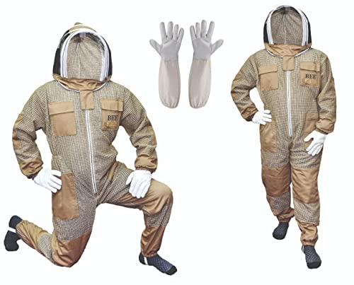 3 Layer Bee Suit With Fencing Veil And One Pair Gloves Ventilated Sting Proof Beekeeping Suit For Beekeepers - color: Khaki, size: Large