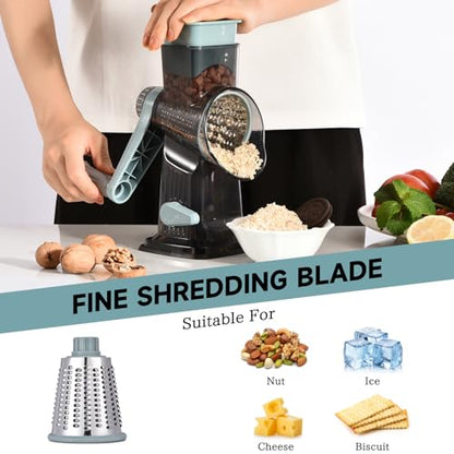 Rotary Cheese Grater with Handle Kitchen Shredder Slicer Grater Slicer Ice Shaver Cheese Vegetable Nuts Potato Zucchini Chocolate 3 Interchangeable Blades (GreyBlue) - color: Blue