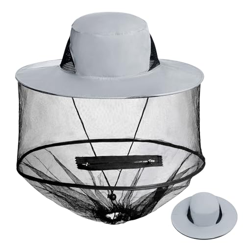 Sucrain Mosquito Head Net Hat Sun Hat Garden Bug Hat with Hidden Net Mesh for Outdoor Gardening Beekeeping - color: Grey