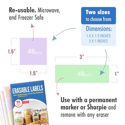 MESS Reusable Food Container Labels - Erasable, Removable Dry Erase Labels for Kitchen, Freezer, and Fridge Organization (1x3 & 1.5", Pastel) - size: 1x3" & 1.5", style: Pastel