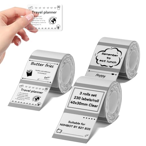 NIIMBOT Labels 3 Rolls Set for B1/B21/B31 Sticker Printer, 40x30mm (1.57'' x 1.18'') 230 Labels/Roll, Refill Labeling Tape for Home School Office Small Business (Clear) - color: 40mm×30mm-clear