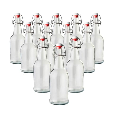 FastRack Swing Top Glass Bottles 16 oz – Pack of 12 | Clear Flip Top Glass Bottles with Airtight Lids | Resealable Grolsch-Style Fermentation Bottles for Kombucha, Beer, Mead, Soda, Vinegar & Water - color: Clear