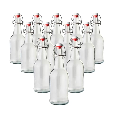 FastRack Swing Top Glass Bottles 16 oz – Pack of 12 | Clear Flip Top Glass Bottles with Airtight Lids | Resealable Grolsch-Style Fermentation Bottles for Kombucha, Beer, Mead, Soda, Vinegar & Water - color: Clear