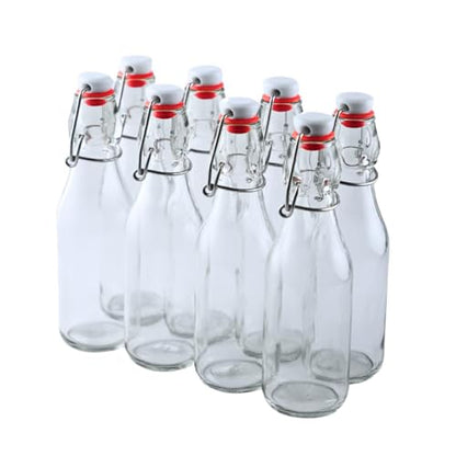FastRack 8.5oz Swing Top Glass Bottles (Pack of 8) | Clear Resealable Flip Top Bottles with Airtight Lids – Reusable Grolsch-Style Bottles for Kombucha, Beer, Soda, Mead, Vinegar & Olive Oil