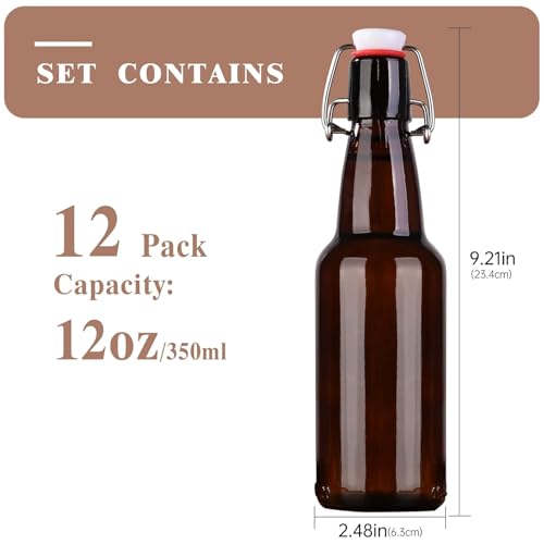 Amber Beer Bottles with Flip Caps, 12oz Glass Bottle with Swinging Top for Airtight Lids, Home Brewing and Fermentation Kombucha, Vanilla Extract, Beverage, Water, Kefir (12 Pack) - size: 12 Ounces (12 Pack)