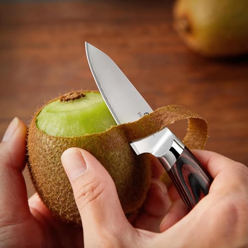 imarku Paring Knife 3.75 Inch, Japanese High Carbon Stainless Steel Fruit Knife, Ultra Sharp Small Kitchen Knife for Peeling Fruits Cutting Veggies, Ergonomic Pakkawood Handle - color: reddish-brown