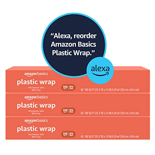 Amazon Basics Plastic Food Wrap, BPA Free, Microwave Safe with Tight Seal, 300 Sq Ft, Pack of 3, 100 Sq Ft Rolls - size: 100 Sq Ft (Pack of 3)