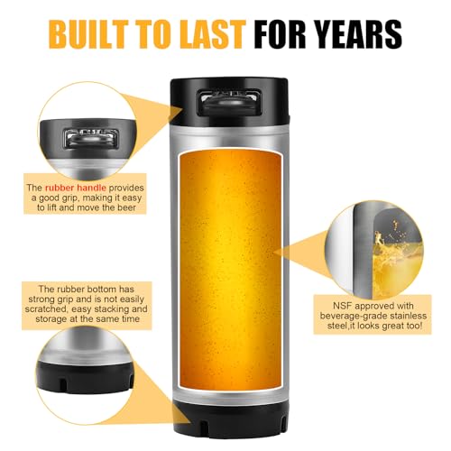 New 5 Gallon Ball Lock Keg, 304SS Corny Keg with Ball Lock Quick Disconnect & Dual Rubber Handles Bottom -Portable Beer Disperse with 2 Lid Gaskets 2 Hose Clamps - Ideal for Homebrew Party