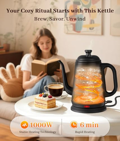 Gooseneck Electric Kettle 1L, 1000W Fast Boiling for Pour-Over Coffee & Tea, 304 Stainless Steel BPA-Free, Precise Flow Spout, Auto Shut-Off & Boil-Dry Protection, Retro Style (Black) - color: Black