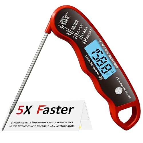 0.6S Instant Read Digital Meat Thermometer Pen for Outdoor BBQ, Grilling, Smoking, Oven Baking, Oil, Candy with Factory-Calibrated Waterproof Magnetic Backlit Flip Display, Motion Sensor. - color: Red