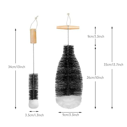2in1 35cm Extra Long Bottle Brush with Wooden Handle, 100% Scratch-Free Bottle Cleaning Brush Deep Cleaner for Washing Thermos Cup Narrow Neck Beer, Wine Bottles (Black)