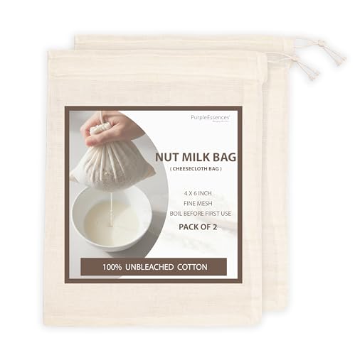 PurpleEssences Ultra-Dense Unbleached Cotton Nut Milk & Filter Bags Reusable Cheesecloth Drawstring Strainers for Cheese Making, Straining, Storage, Sprouting - Set of 2-4x6 Inch - Natural - size: 4 x 6 Inch