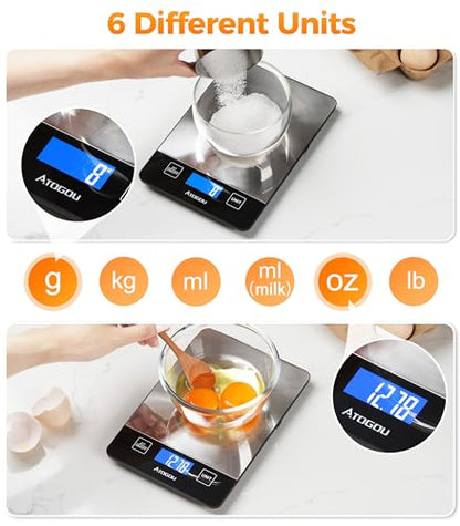 Atogou Food Scale - 33lb Digital Kitchen Scale Ounces Grams, Rechargeable & Full-View Display, Water-Resistant, Batteries or USB-C Charging, Stainless Steel, for Cooking, Meal Prep, Package (Black) - color: Black