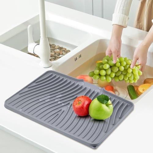 TIKNIK Silicone Dish Drying Mat for Kitchen Counter - Heat Resistant & Non-Slip Dish Drain Pad with Built-In Drain, Dishwasher Safe, Quick-Dry, Hangable & Roll-Up for Storage, Grey-1pcs, 16" x 12" - size: 16" x 12"