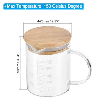 PATIKIL 250ml Glass Measuring Cup, 2 Pack 3.3 Borosilicate Glass Graduated White Printed Scale Liquid Measure Cups Beaker with Wood Lid and V-Shaped Spout for Kitchen - size: 250ml