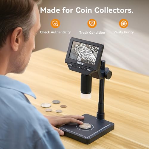 Elikliv EDM4C Coin Microscope with Scale：4.3" Digital Microscope with Adjustable LED, Error Coin Magnifier with Screen & Weighing Scope for Collectors, Jewelers, Students, Windows/Mac Compatible - color: Gray