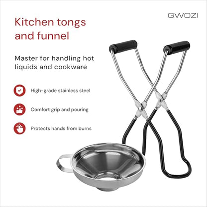 Canning Tongs Jar Lifter & Canning Funnel with Wide Mouth, Set of 2 - All Size Canning Jar Lifter with Rubber Grips - Canning Jar Lifter Tongs Secure Grip, Stainless Steel