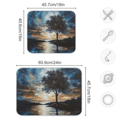 Sky Lake Tree Dish Drying Mat for Kitchen Counter Super Absorbent Draining Mat with Non-slip Backed Waterproof Sink Mats for Dish Cups Bowl Bottles Countertops Sinks Draining Racks