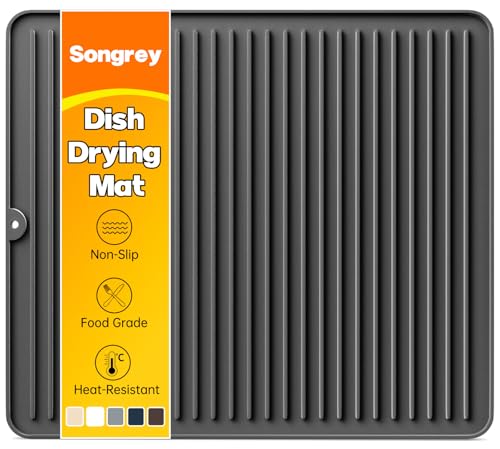 Songrey 18" x 16" Silicone Dish Drying Mat, Kitchen Counter Drying Pad for Sink Dishes or Under Rack, Multi-Use as Heat Resistant Trivet, Coffee Bar Mat - color: Black, size: 18" x 16"
