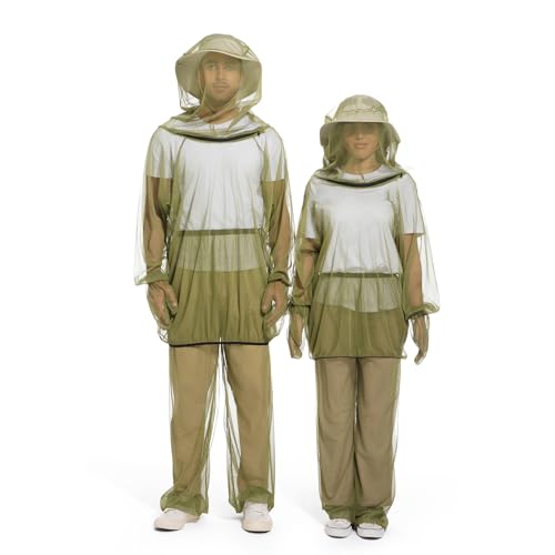 Premium Mosquito Suit-Jacket With Hood/Pants/Mitts/Gift Bag/Tape Measure-Full Body Protection Bugs Clothes - color: Green No Sun Hat, size: Large-X-Large
