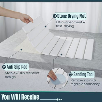 Stone Drying Mat for Kitchen Counter, 24"x16" Large Collapsible Dish Drying Mat with Non-Slip Pad and Sandpaper, Rolling Design, Quick Dry for Dishes, Bottles, Utensils