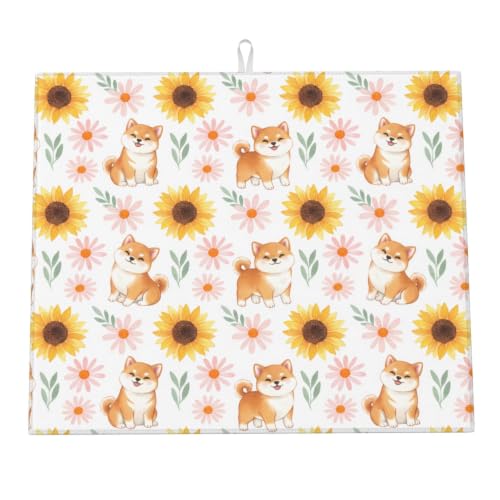 Cute Dogs Floral Green Leaves Dish Drying Mats for Kitchen Counter, Super Absorbent Microfiber Drainer Pad, Washable Reversible Appliance Protector, Everyday Kitchen Must-Have, 16x18 Inch - color: Cute Dogs Floral Green Leaves