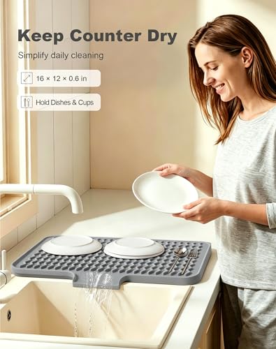 Rnivvi Silicone Dish Drying Mat for Kitchen Counter, 16 x 12" Fast Drainage Dish Rack Pad Drying Mats, Non-Slip Countertop Protector Heat Resistant Trivet, Easy to Clean Sink Drip Pad for Dishes, Gray - color: Gray