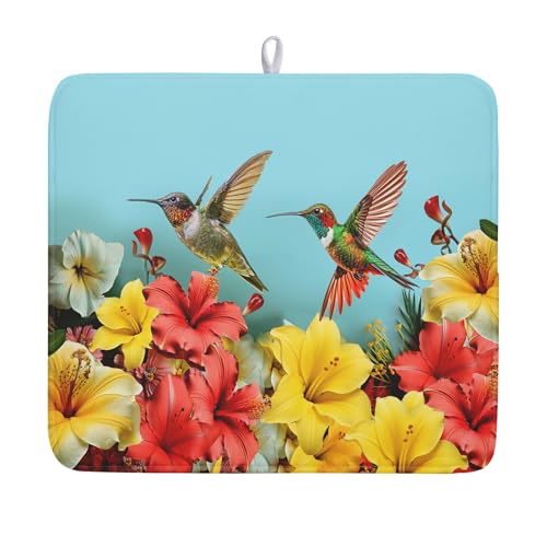 Kawani Hummingbirds Floral Dish Drying Mat for Kitchen Counter 16x18 In Hibiscus Tropical Drying Mat Farmhouse Fast Dry Absorbent Microfiber Dish Drainer Rack Pad for Countertop Decor - color: Spring Hummingbirds Floral, size: 16" x 18"