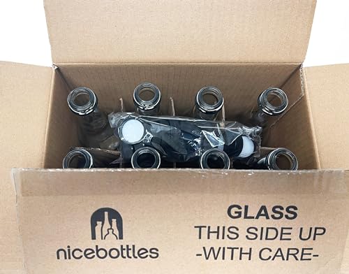 nicebottles - Clear Glass Woozy Bottles, 12 Oz (375ml) - Case of 12 Lovely Bottles Packed in Sturdy Box with 15 Black Screw Caps (Yes, That's 3 Extra Caps!)