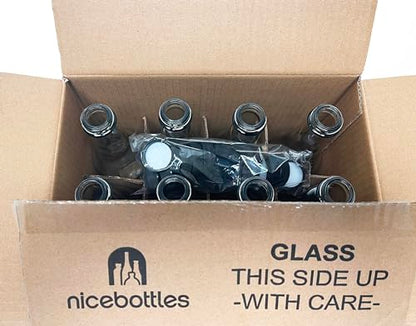nicebottles - Clear Glass Woozy Bottles, 12 Oz (375ml) - Case of 12 Lovely Bottles Packed in Sturdy Box with 15 Black Screw Caps (Yes, That's 3 Extra Caps!)