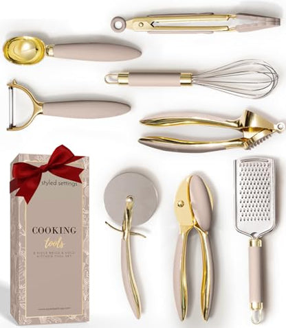 Gold and Beige Kitchen Utensils Set – 8 PC Cooking Gadgets with Mini Gold Whisk and Tongs, Pizza Cutter, Garlic Press, Cheese Grater, Peeler, Can Opener, Scoops – Stylish Beige Kitchen Accessories - color: 8 Piece Beige & Gold