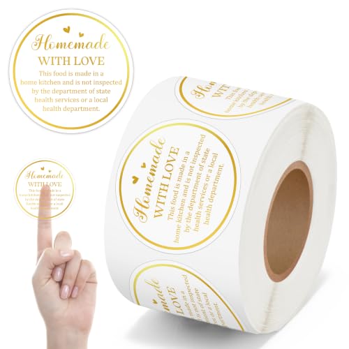 PANTIDE 500 Count Clear Cottage Food Law Labels Transparent PVC Stickers | Homemade with Love, Adhesive Round Decal Roll, Made in a Home Kitchen, for Baked Food Packaging, 2 x 2 Inch, Gold Foil Script - color: Food Law Clear