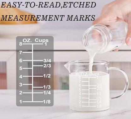 Ackers Etched Graduated Glass Measuring Cup - [Insulated Handle | V-Shaped Spout] - High Borosilicate Glass Measuring Cup for Kitchen or Dining, Easy to Read, 250ml (8oz, 1 Cup) - size: 250 ML (8 Oz, 1 Cup) - Etched Graduated