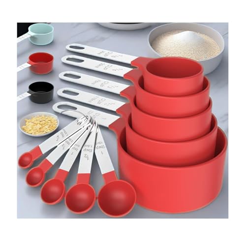 10Pcs Measuring Cups & Spoons Set, Stackable Cups and Spoons, Nesting Measure Cups with Stainless Steel Handle, Kitchen Gadgets for Cooking & Baking (Red) - color: Red